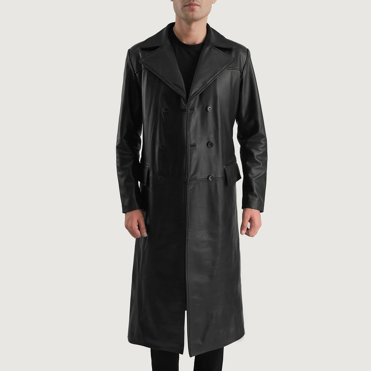 ワコマリア　LEATHER DOUBLE BREASTED COAT Delmar Black Leather Double Breasted Coat For Men – The Jacket Maker